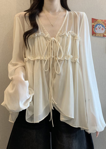Loose Chiffon Ruffled Fall V Shirt Apricot Neck FashionChic