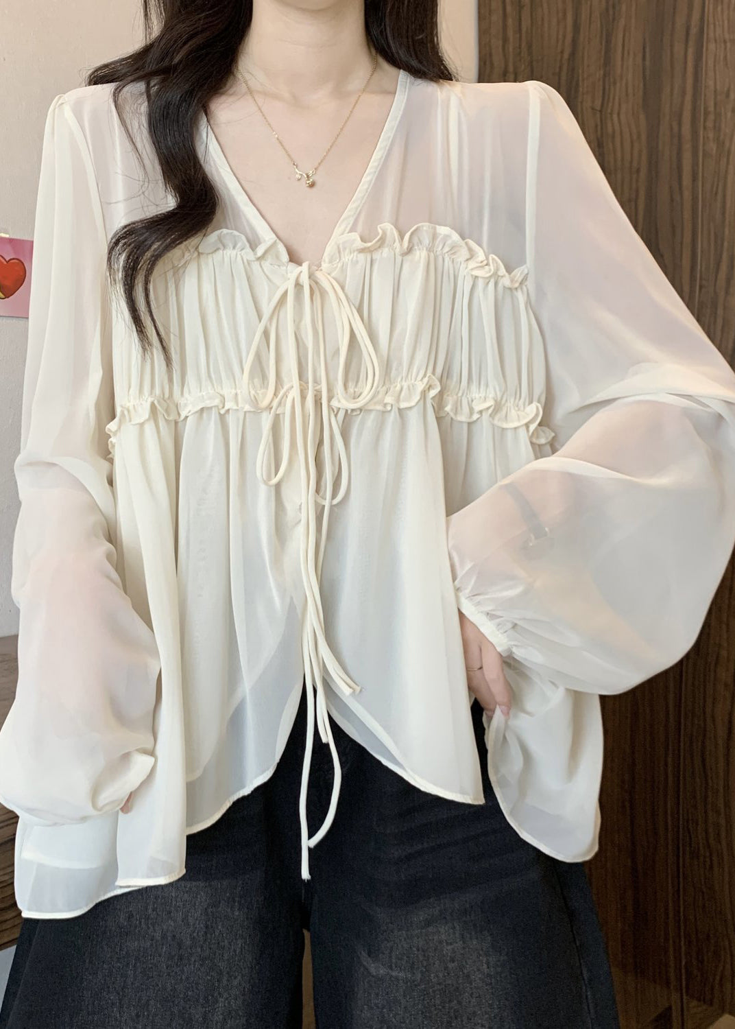 Loose Chiffon Ruffled Fall V Shirt Apricot Neck FashionChic