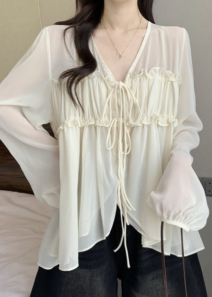 Loose Chiffon Ruffled Fall V Shirt Apricot Neck FashionChic