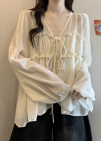 Loose Chiffon Ruffled Fall V Shirt Apricot Neck FashionChic