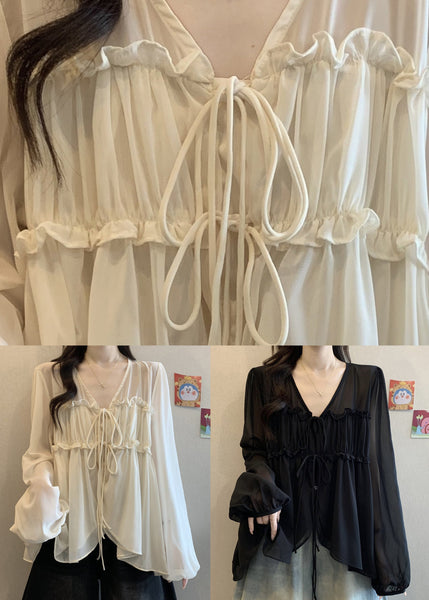 Loose Chiffon Ruffled Fall V Shirt Apricot Neck FashionChic