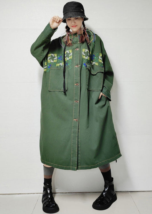 Loose Army Green Hooded Pockets Denim Long Trench Coat Fall MN038 MMDM-TCT240704