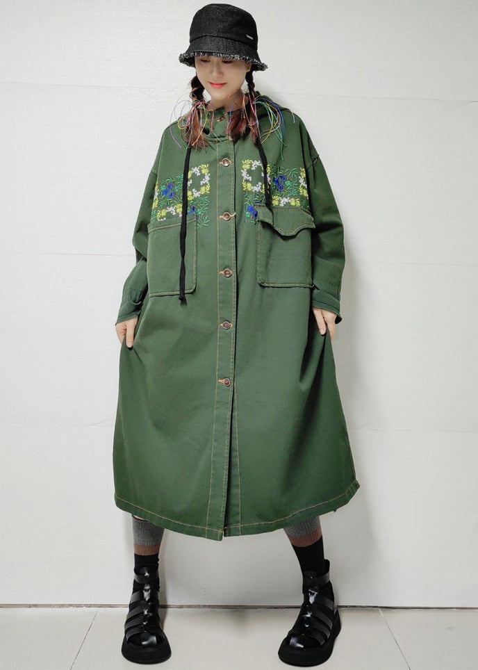 Loose Army Green Hooded Pockets Denim Long Trench Coat Fall MN038 MMDM-TCT240704