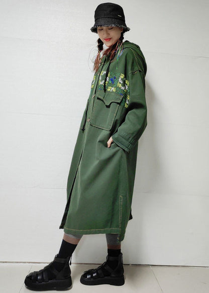 Loose Army Green Hooded Pockets Denim Long Trench Coat Fall MN038 MMDM-TCT240704