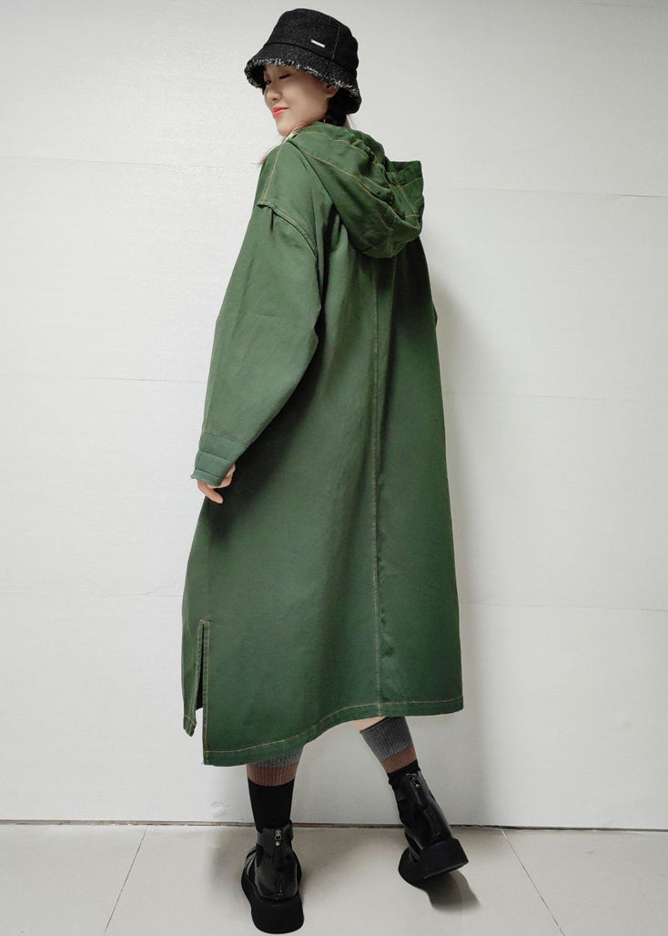 Loose Army Green Hooded Pockets Denim Long Trench Coat Fall MN038 MMDM-TCT240704