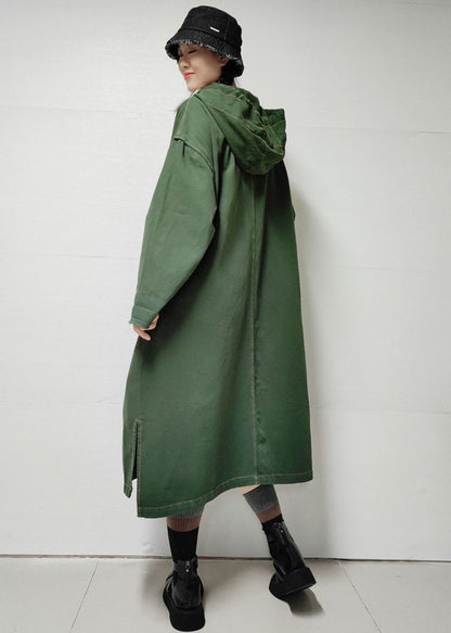 Loose Army Green Hooded Pockets Denim Long Trench Coat Fall MN038 MMDM-TCT240704