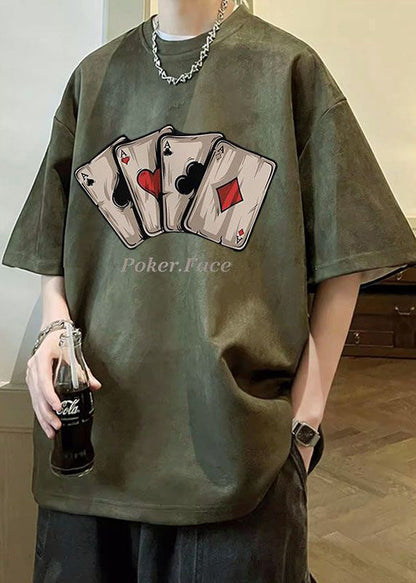 Shirts Green O T Neck Faux Loose Print Summer Army Suede Men FashionChic