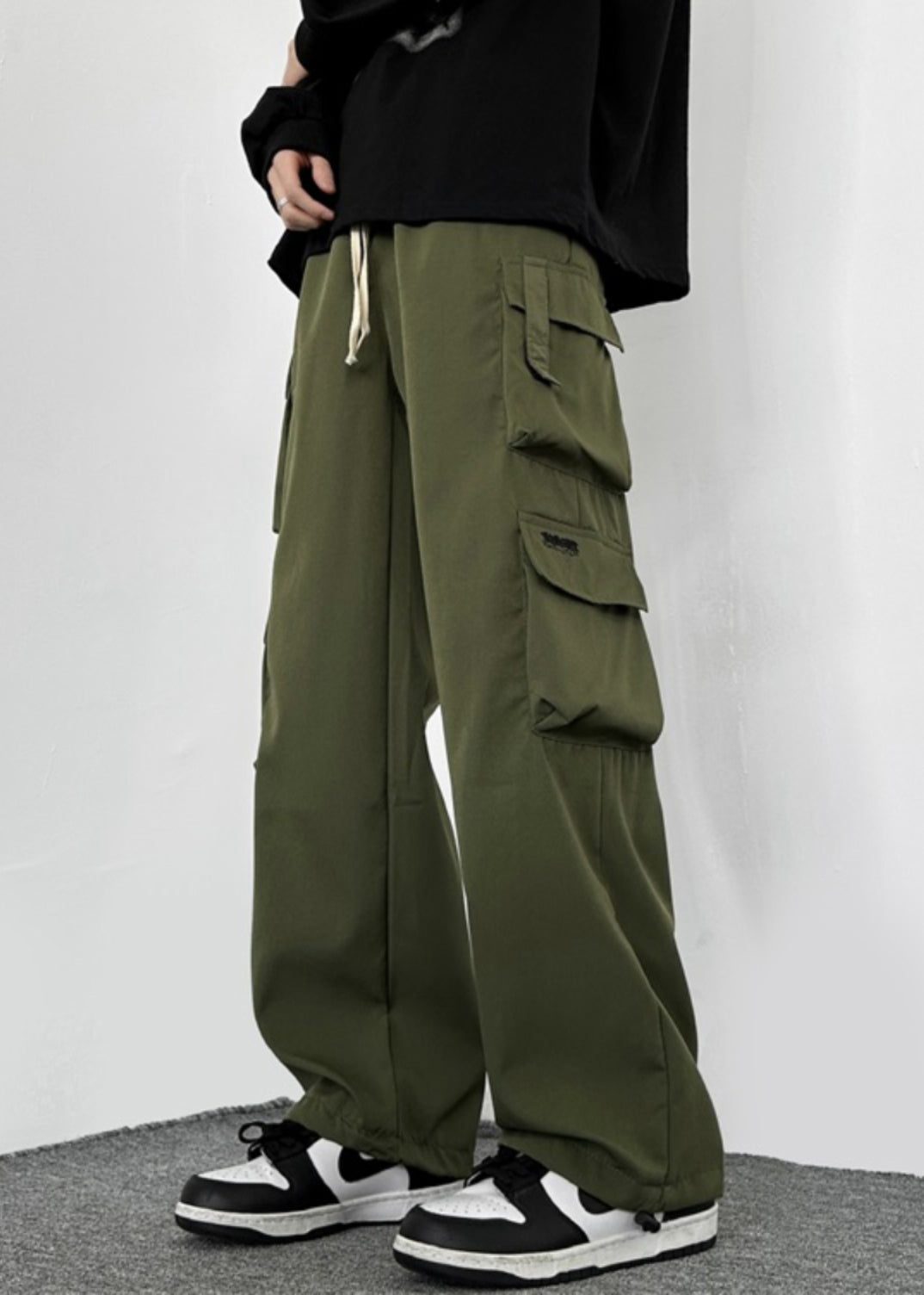 Drawstring Green Cotton Pockets Loose Army Mens Casual Pants FashionChic
