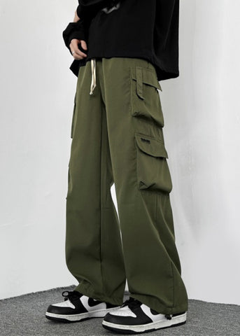 Drawstring Green Cotton Pockets Loose Army Mens Casual Pants FashionChic