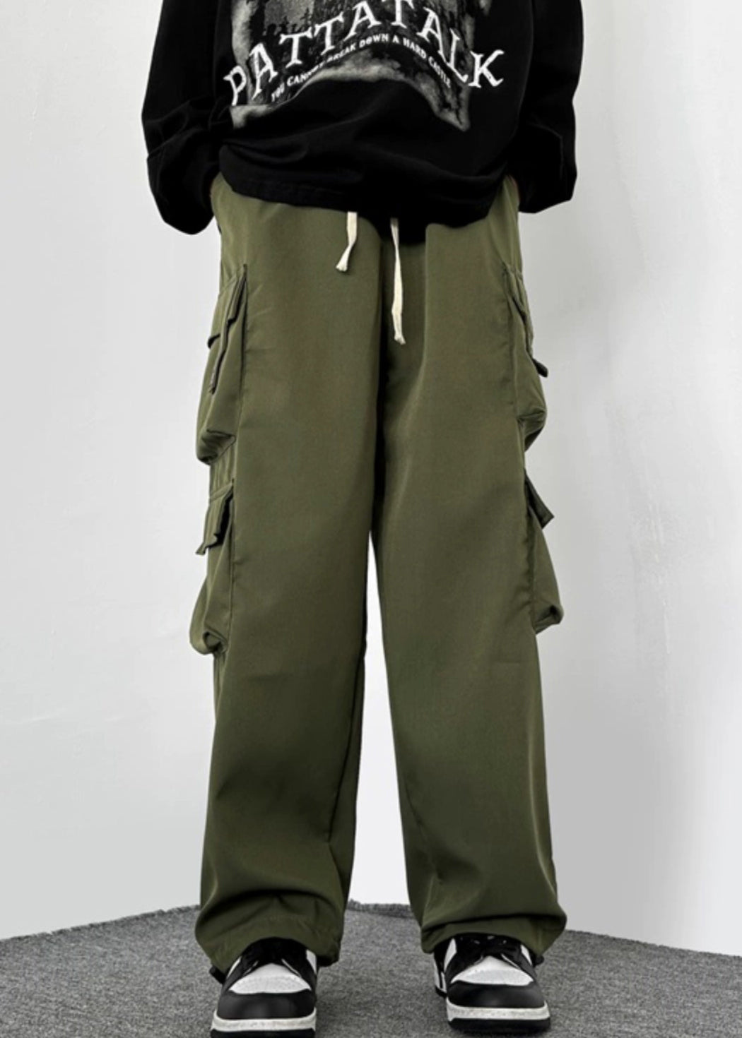 Drawstring Green Cotton Pockets Loose Army Mens Casual Pants FashionChic