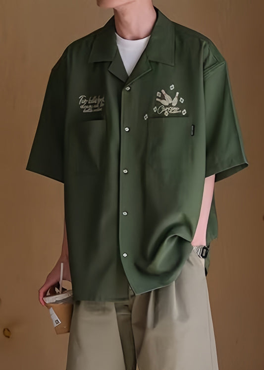 Shirts Army Half Sleeve Green Ice Men Pockets Loose Print Silk FashionChic