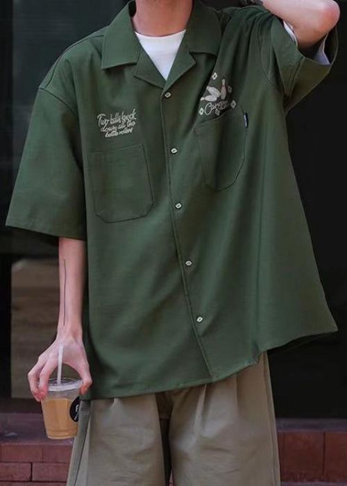 Shirts Army Half Sleeve Green Ice Men Pockets Loose Print Silk FashionChic