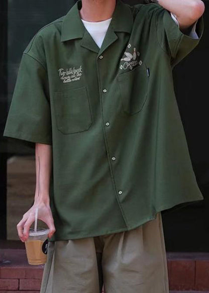 Shirts Army Half Sleeve Green Ice Men Pockets Loose Print Silk FashionChic