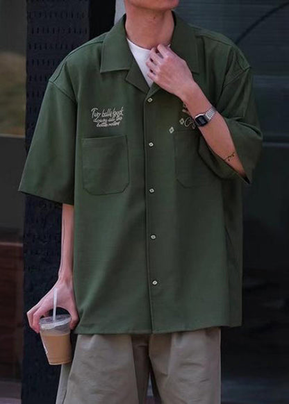 Shirts Army Half Sleeve Green Ice Men Pockets Loose Print Silk FashionChic