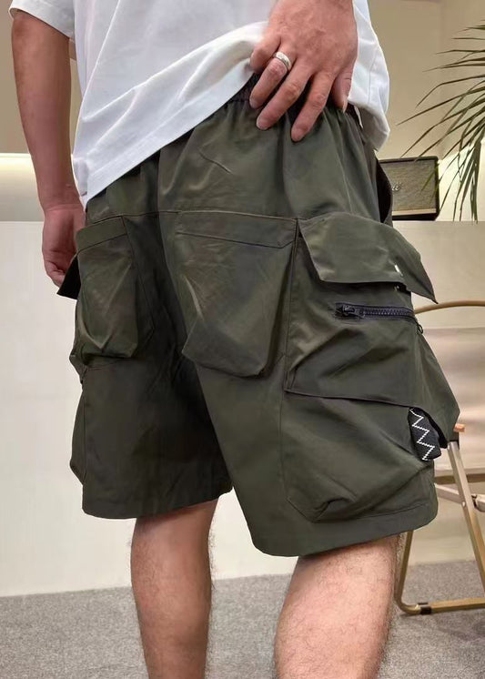Green Zip Shorts Cotton Loose Up Mens Elastic Pockets Army Waist FashionChic