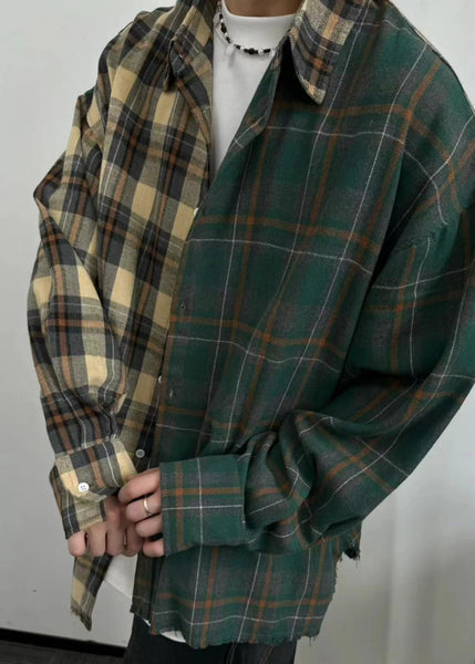 Mens Button Plaid Cotton Shirts Spring Loose Asymmetrical FashionChic