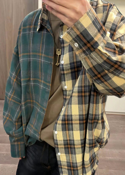 Mens Button Plaid Cotton Shirts Spring Loose Asymmetrical FashionChic