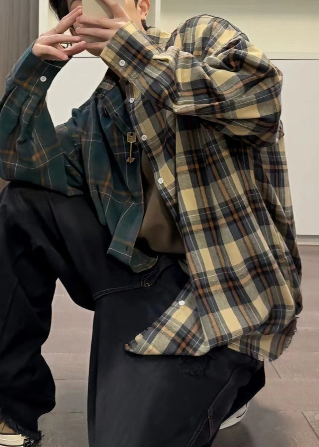 Mens Button Plaid Cotton Shirts Spring Loose Asymmetrical FashionChic