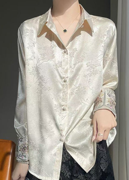 Button Embroidered Beige Fall Shirt Silk Loose FashionChic
