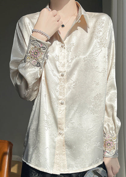 Button Embroidered Beige Fall Shirt Silk Loose FashionChic