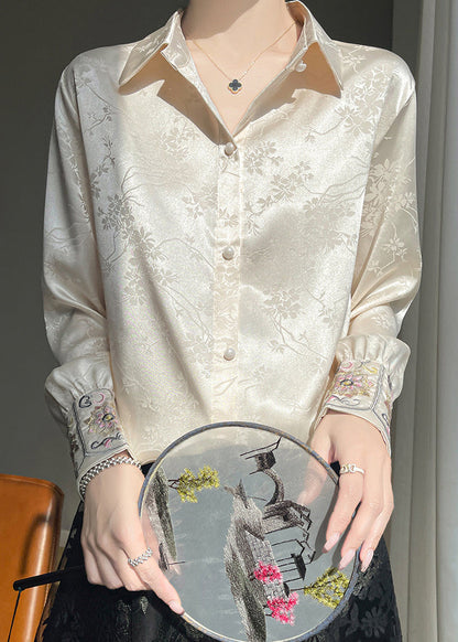 Button Embroidered Beige Fall Shirt Silk Loose FashionChic