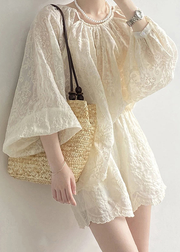 Loose Beige Embroidered Pockets Silk Cotton Two Pieces Set Bracelet Sleeve KK095 SH-LF-TPIEC240602