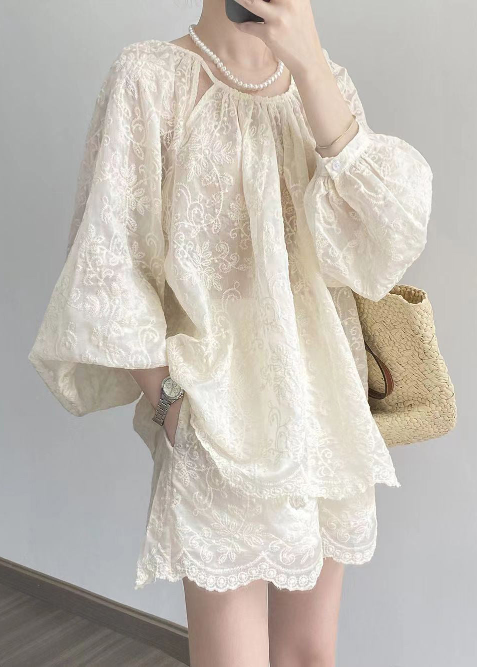 Loose Beige Embroidered Pockets Silk Cotton Two Pieces Set Bracelet Sleeve KK095 SH-LF-TPIEC240602