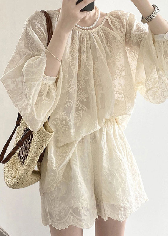 Loose Beige Embroidered Pockets Silk Cotton Two Pieces Set Bracelet Sleeve KK095 SH-LF-TPIEC240602