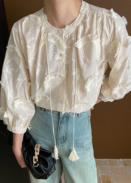 Loose Lace Embroidered Tasseled Blouses Up Beige Cotton Bracelet FashionChic