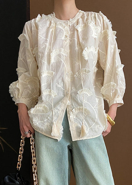 Loose Lace Embroidered Tasseled Blouses Up Beige Cotton Bracelet FashionChic
