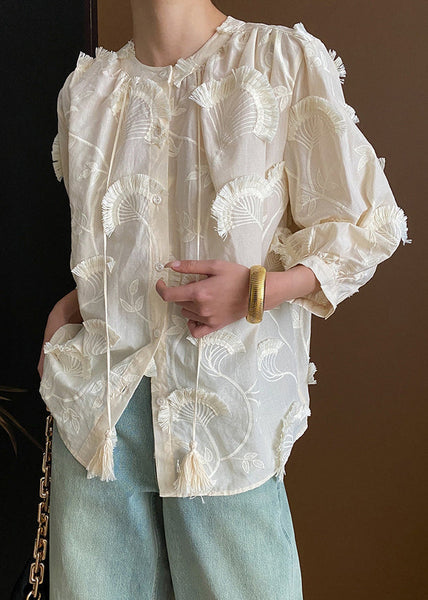 Loose Lace Embroidered Tasseled Blouses Up Beige Cotton Bracelet FashionChic