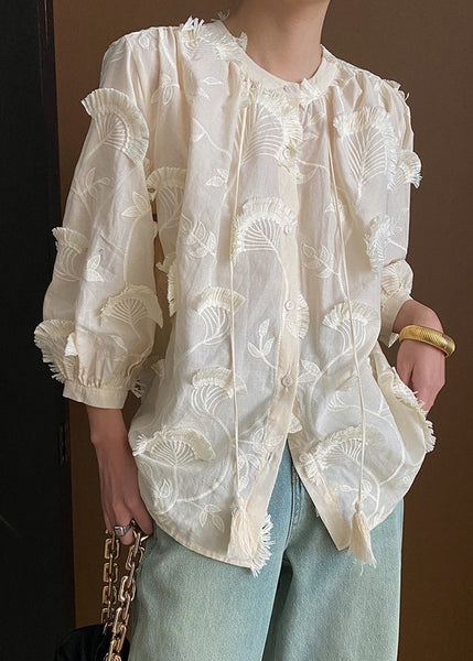 Loose Lace Embroidered Tasseled Blouses Up Beige Cotton Bracelet FashionChic