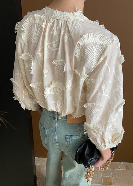 Loose Lace Embroidered Tasseled Blouses Up Beige Cotton Bracelet FashionChic