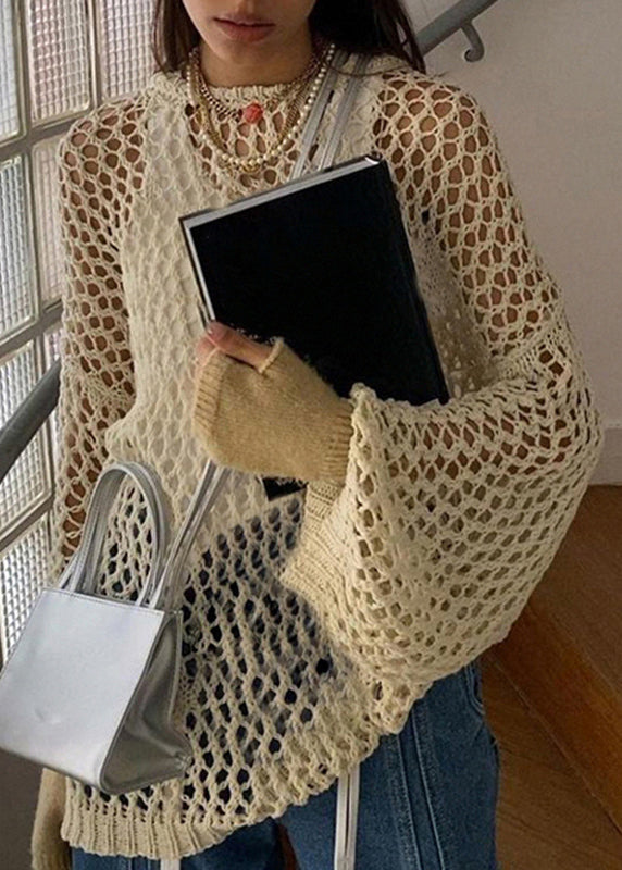 Out Knit Beige Sweater Hollow Solid Loose Summer FashionChic