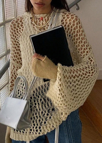 Out Knit Beige Sweater Hollow Solid Loose Summer FashionChic