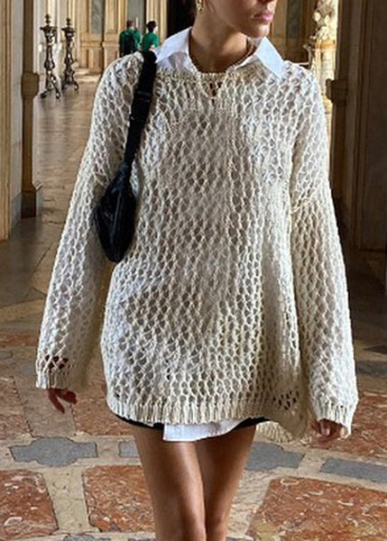 Out Knit Beige Sweater Hollow Solid Loose Summer FashionChic