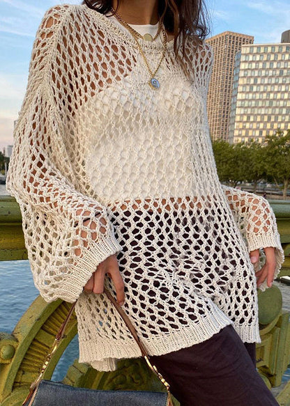 Out Knit Beige Sweater Hollow Solid Loose Summer FashionChic