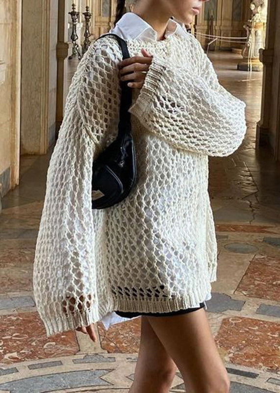 Out Knit Beige Sweater Hollow Solid Loose Summer FashionChic