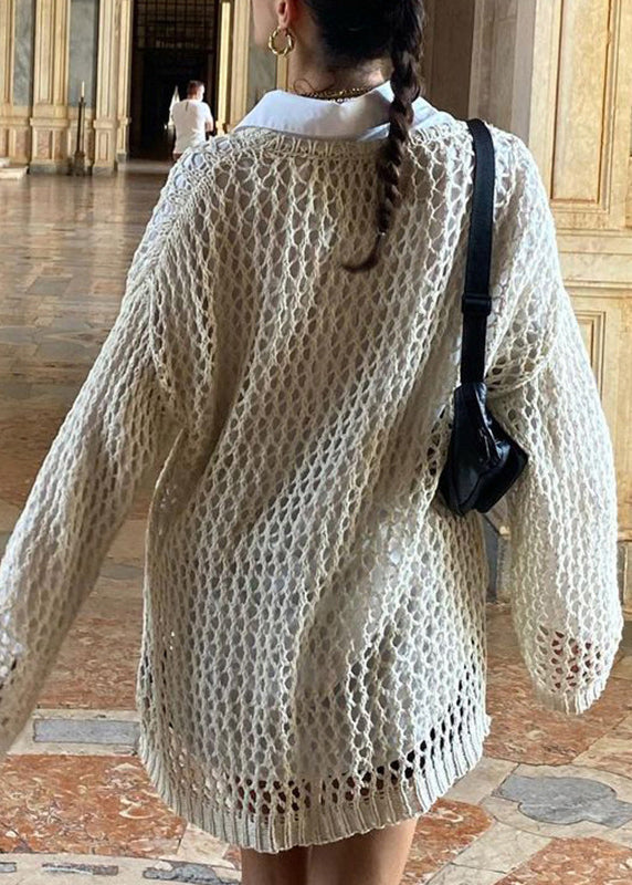 Out Knit Beige Sweater Hollow Solid Loose Summer FashionChic