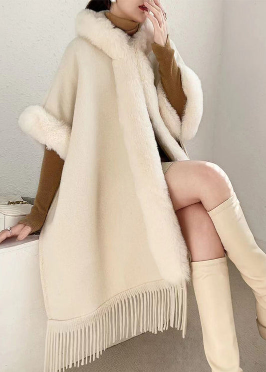 Loose Beige Hooded Tasseled Warm Fleece Cape Coats Winter RC019 ABC