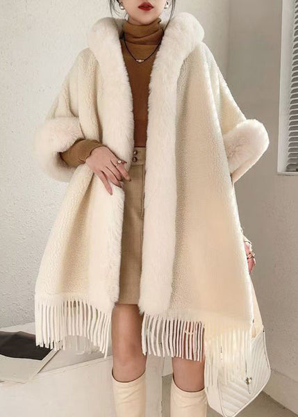 Loose Beige Hooded Tasseled Warm Fleece Cape Coats Winter RC019 ABC
