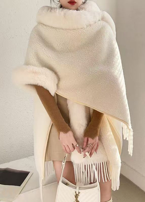 Loose Beige Hooded Tasseled Warm Fleece Cape Coats Winter RC019 ABC