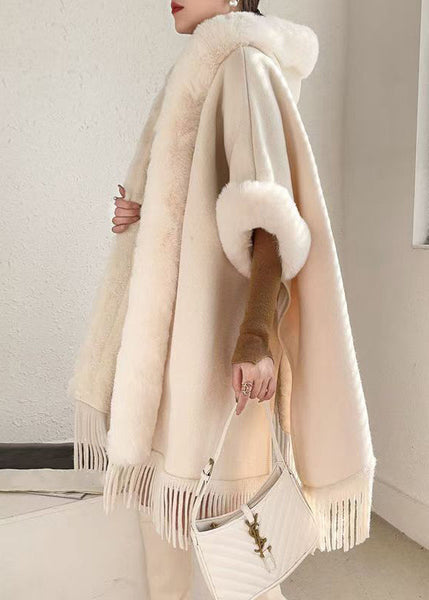 Loose Beige Hooded Tasseled Warm Fleece Cape Coats Winter RC019 ABC