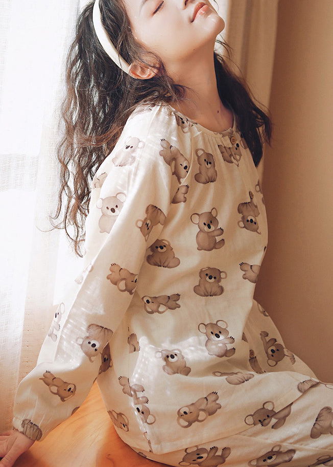 Loose Beige O-Neck Animal Print Button Cotton Two Piece Set Long Sleeve XS1010 Ada Fashion