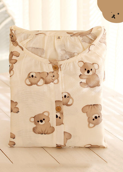 Loose Beige O-Neck Animal Print Button Cotton Two Piece Set Long Sleeve XS1010 Ada Fashion