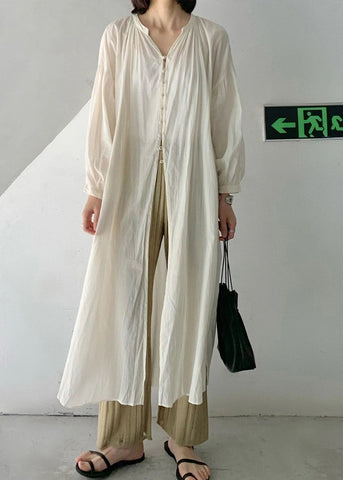Loose Beige O-Neck Button Long UPF 50+ Coat Long Sleeve VB1049 Ada Fashion