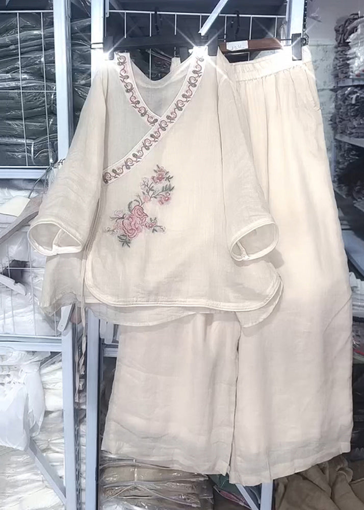 Set Two Lace Fall Loose Embroidered Pieces Neck Beige Linen O Up FashionChic