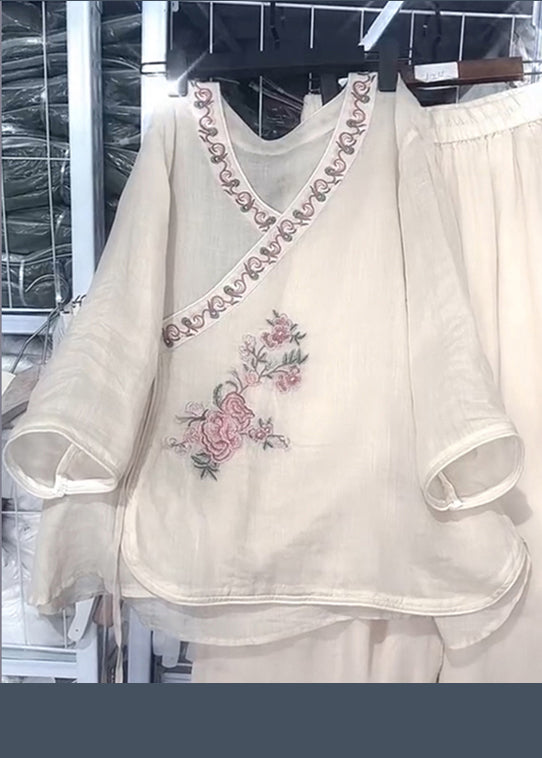 Set Two Lace Fall Loose Embroidered Pieces Neck Beige Linen O Up FashionChic