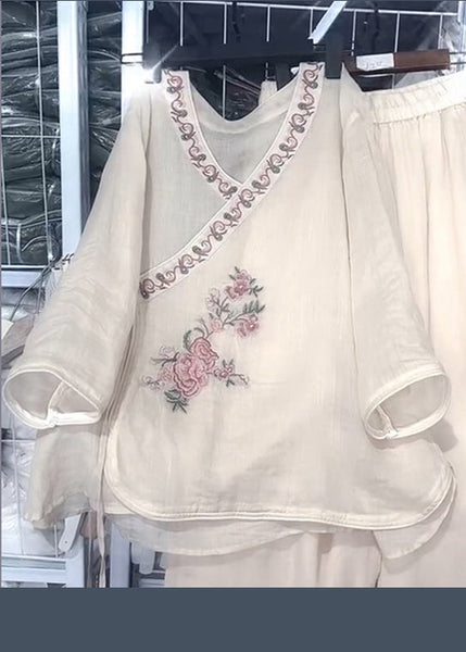 Set Two Lace Fall Loose Embroidered Pieces Neck Beige Linen O Up FashionChic