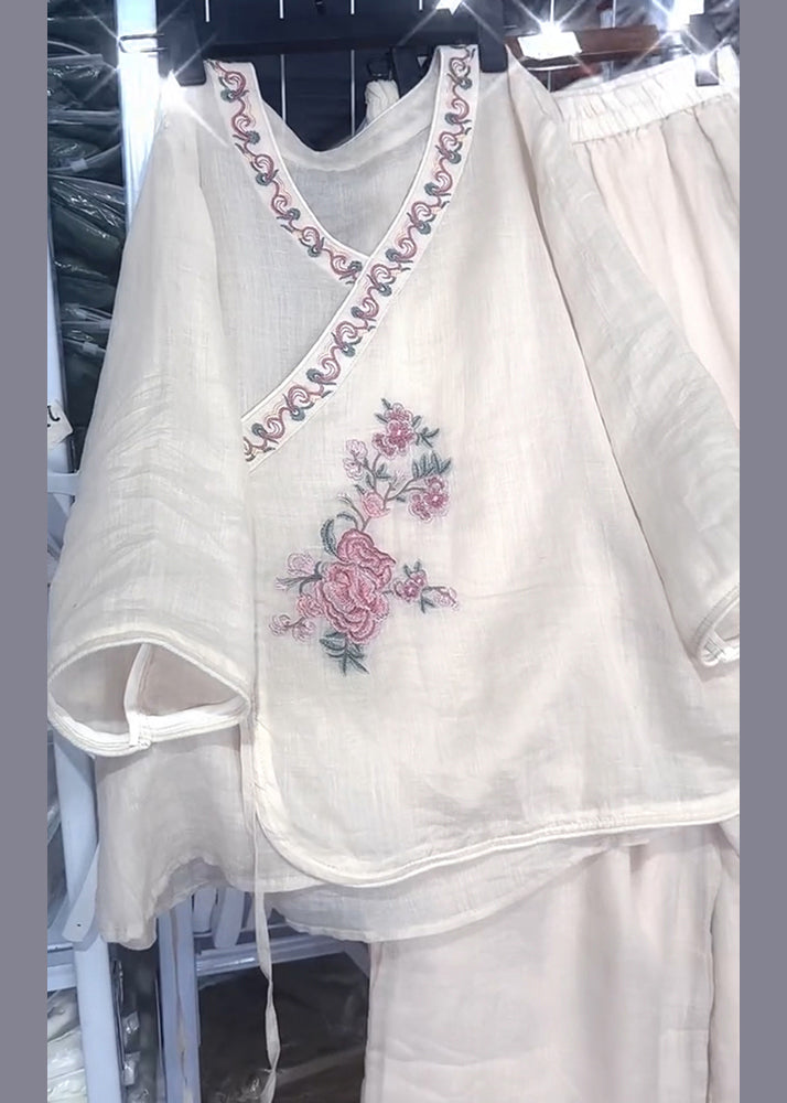 Set Two Lace Fall Loose Embroidered Pieces Neck Beige Linen O Up FashionChic